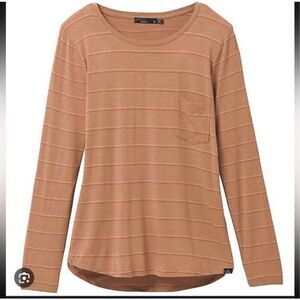 prAna Women’s Foundation Long Sleeve Crew Pocket Tee Camel Heather Stripe XS NWT